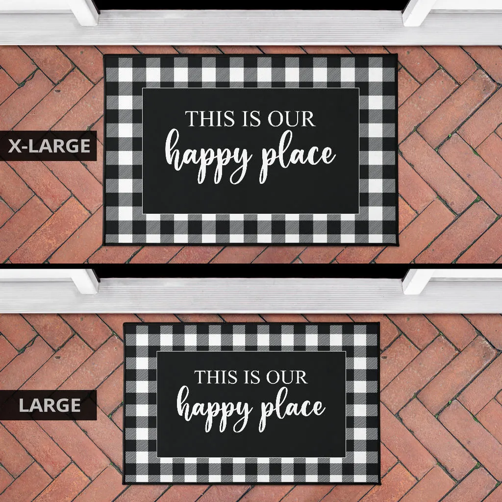This is our happy place black and white buffalo plaid door mat