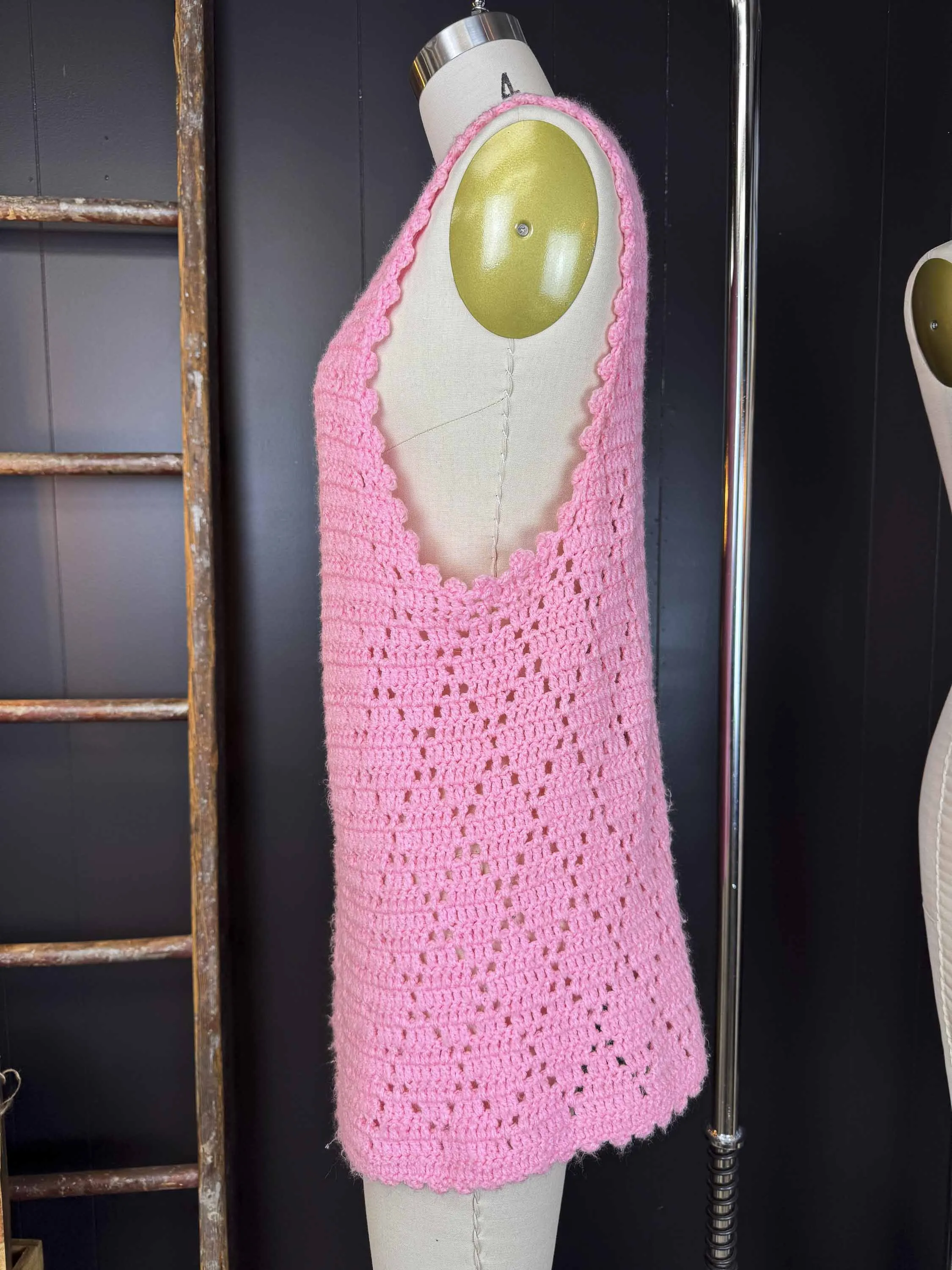 Vintage Handmade Pink Crochet Vest - Size O/S