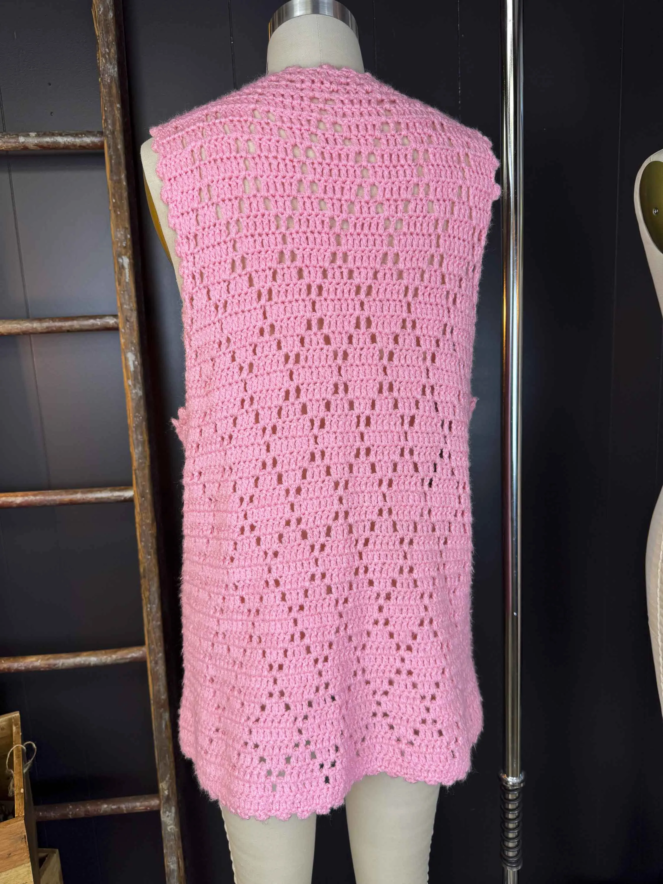 Vintage Handmade Pink Crochet Vest - Size O/S