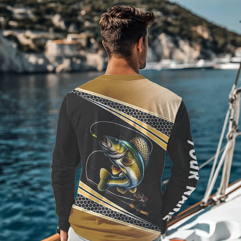 Walleye fishing line black gold Custom name fishing jerseys | Long sleeve, Long Sleeve Hooded NPQ783