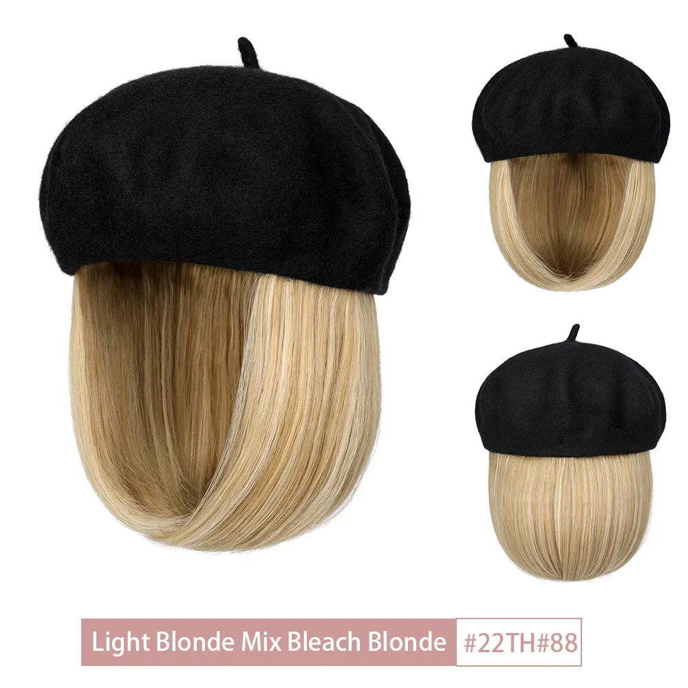Wigyy Bob Hat Wig 9.5 Inch Straight Short Synthetic Bobo wigs Hat with hair Natural balck French Wool Artist Attached