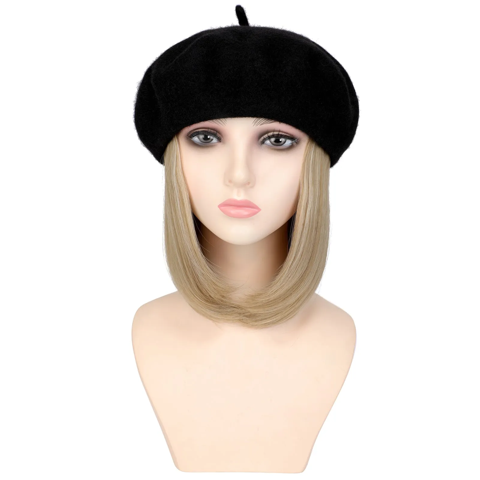 Wigyy Bob Hat Wig 9.5 Inch Straight Short Synthetic Bobo wigs Hat with hair Natural balck French Wool Artist Attached