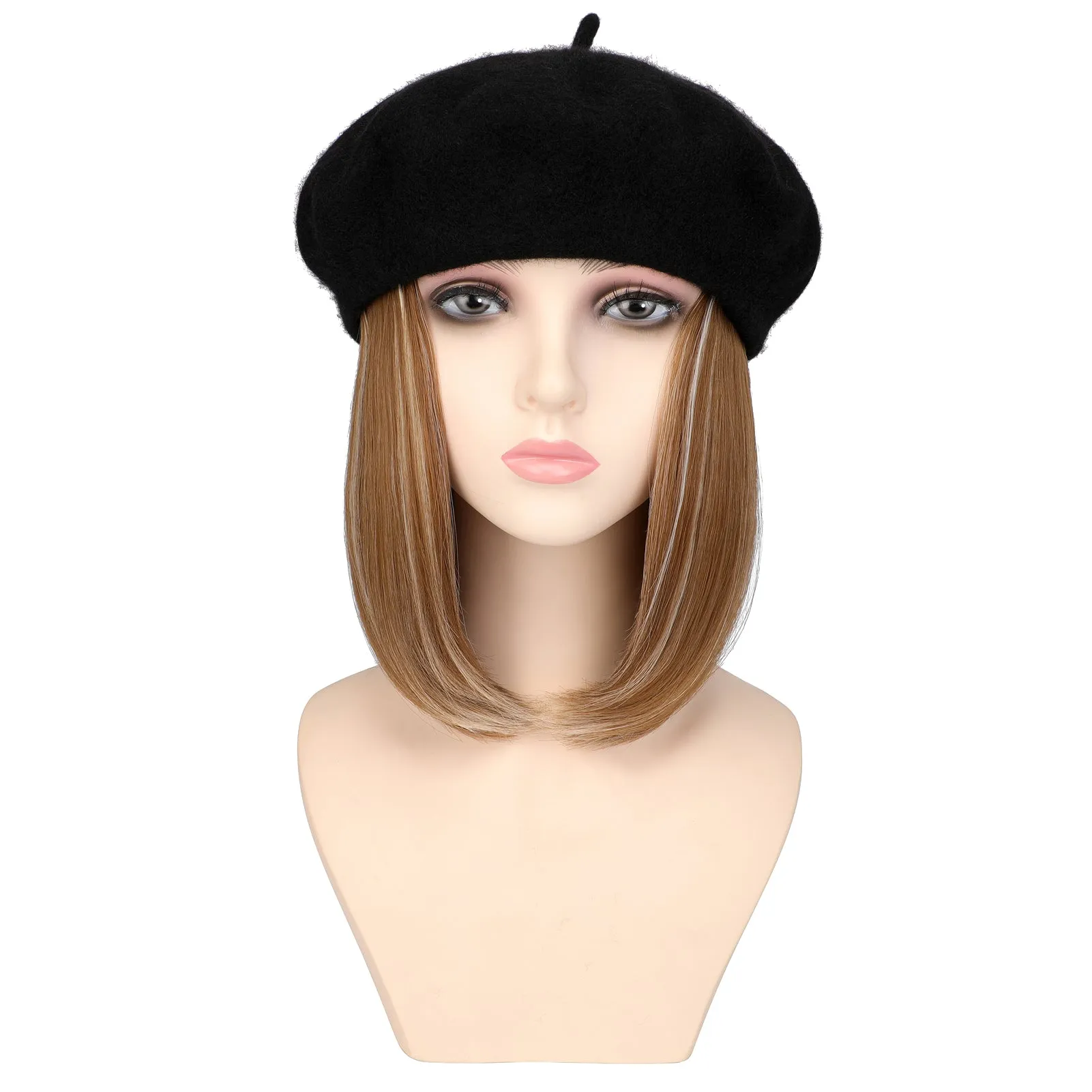 Wigyy Bob Hat Wig 9.5 Inch Straight Short Synthetic Bobo wigs Hat with hair Natural balck French Wool Artist Attached