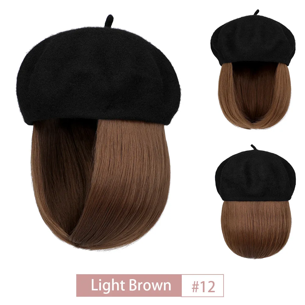 Wigyy Bob Hat Wig 9.5 Inch Straight Short Synthetic Bobo wigs Hat with hair Natural balck French Wool Artist Attached