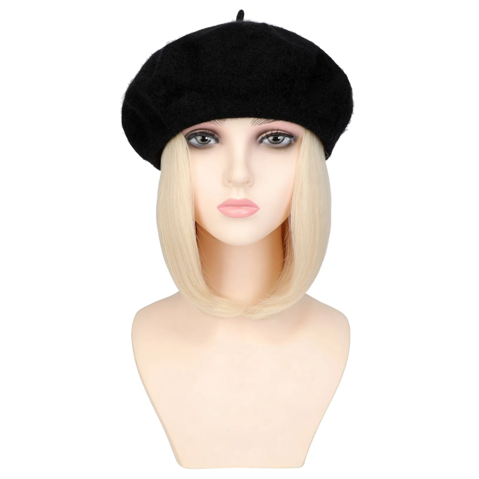 Wigyy Bob Hat Wig 9.5 Inch Straight Short Synthetic Bobo wigs Hat with hair Natural balck French Wool Artist Attached