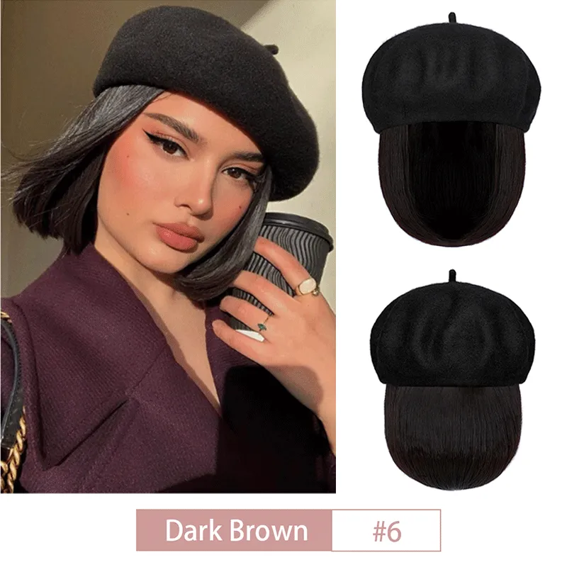 Wigyy Bob Hat Wig 9.5 Inch Straight Short Synthetic Bobo wigs Hat with hair Natural balck French Wool Artist Attached