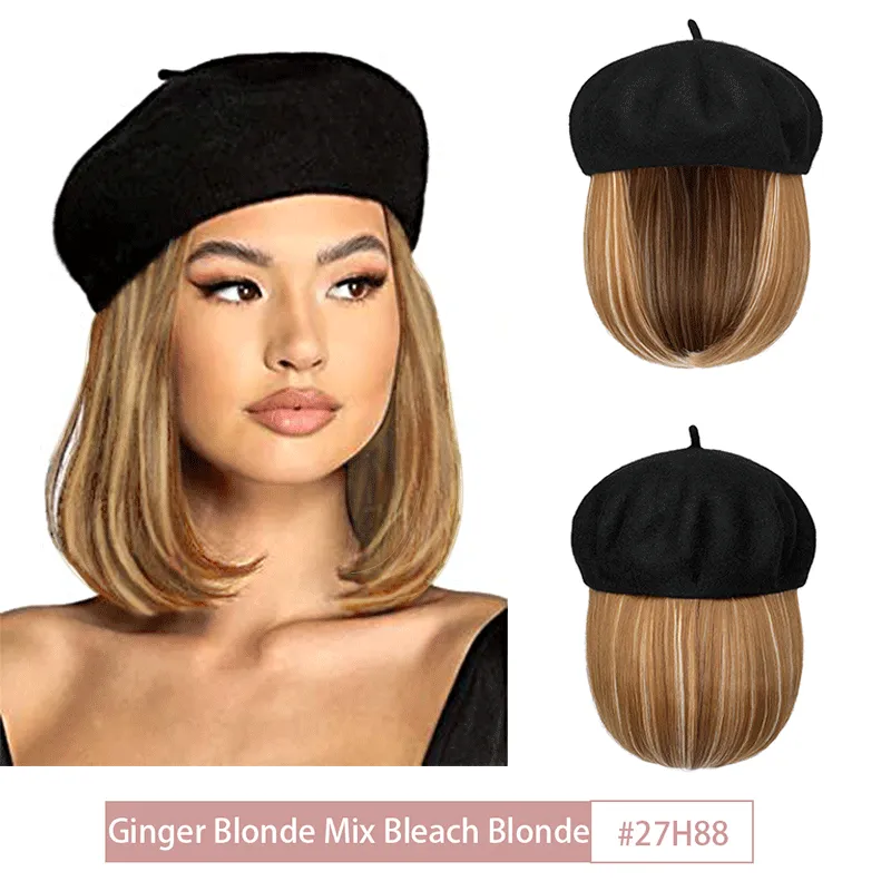 Wigyy Bob Hat Wig 9.5 Inch Straight Short Synthetic Bobo wigs Hat with hair Natural balck French Wool Artist Attached