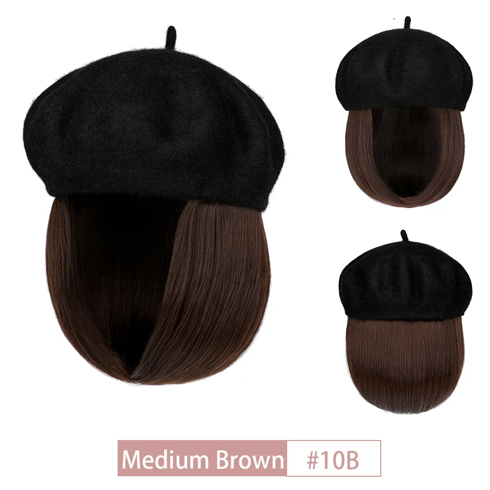 Wigyy Bob Hat Wig 9.5 Inch Straight Short Synthetic Bobo wigs Hat with hair Natural balck French Wool Artist Attached