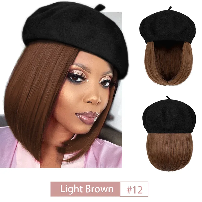 Wigyy Bob Hat Wig 9.5 Inch Straight Short Synthetic Bobo wigs Hat with hair Natural balck French Wool Artist Attached