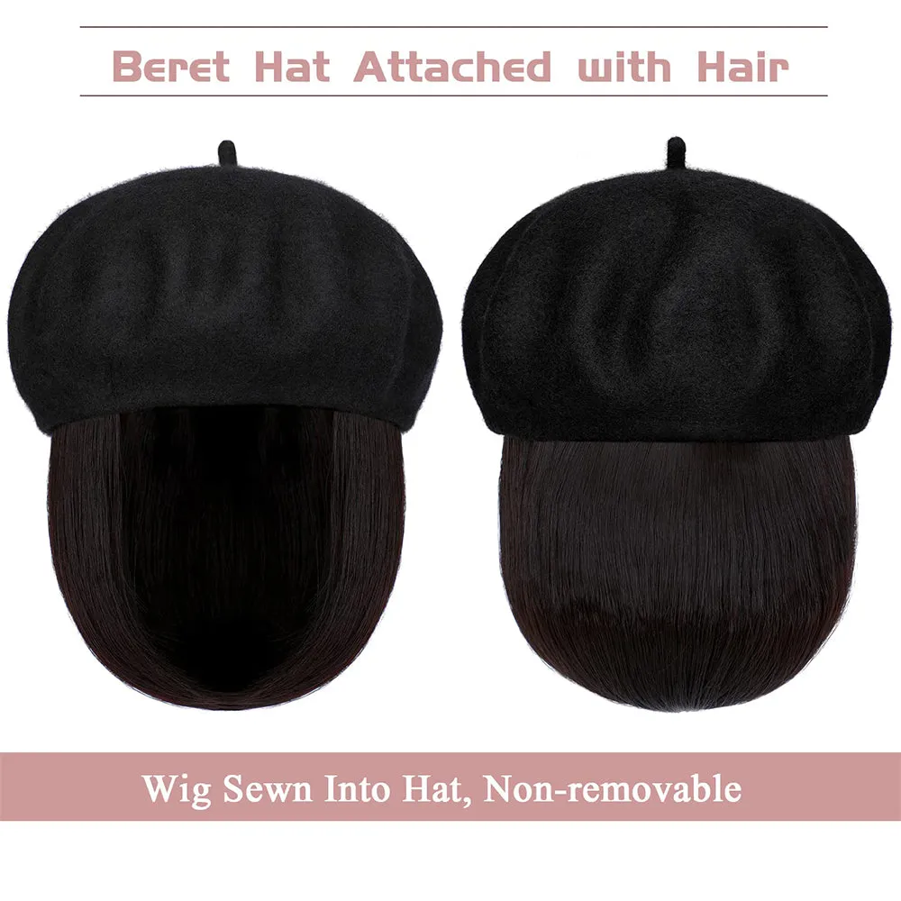 Wigyy Bob Hat Wig 9.5 Inch Straight Short Synthetic Bobo wigs Hat with hair Natural balck French Wool Artist Attached