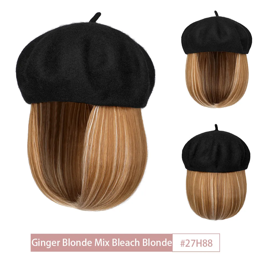 Wigyy Bob Hat Wig 9.5 Inch Straight Short Synthetic Bobo wigs Hat with hair Natural balck French Wool Artist Attached