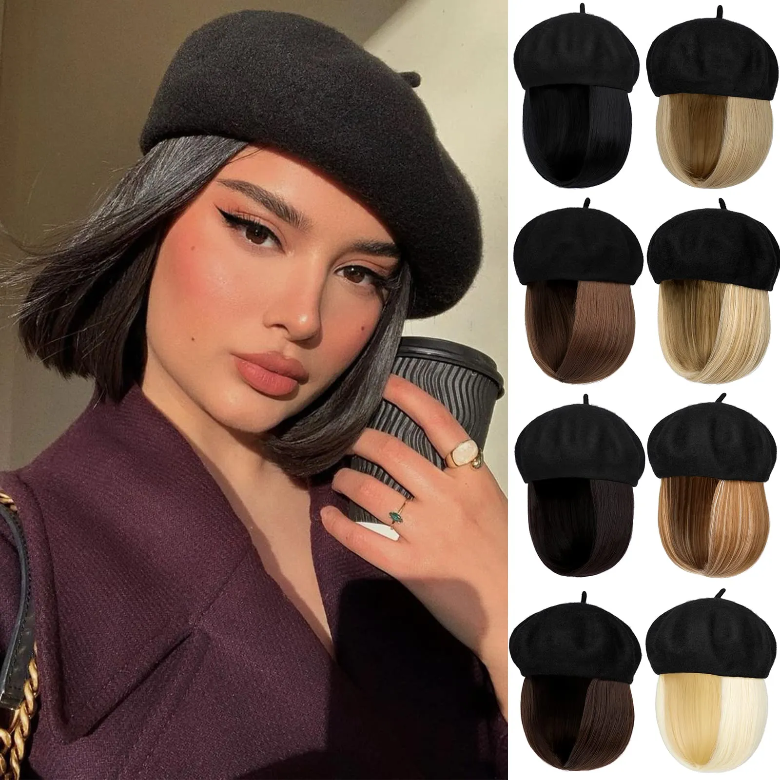 Wigyy Bob Hat Wig 9.5 Inch Straight Short Synthetic Bobo wigs Hat with hair Natural balck French Wool Artist Attached