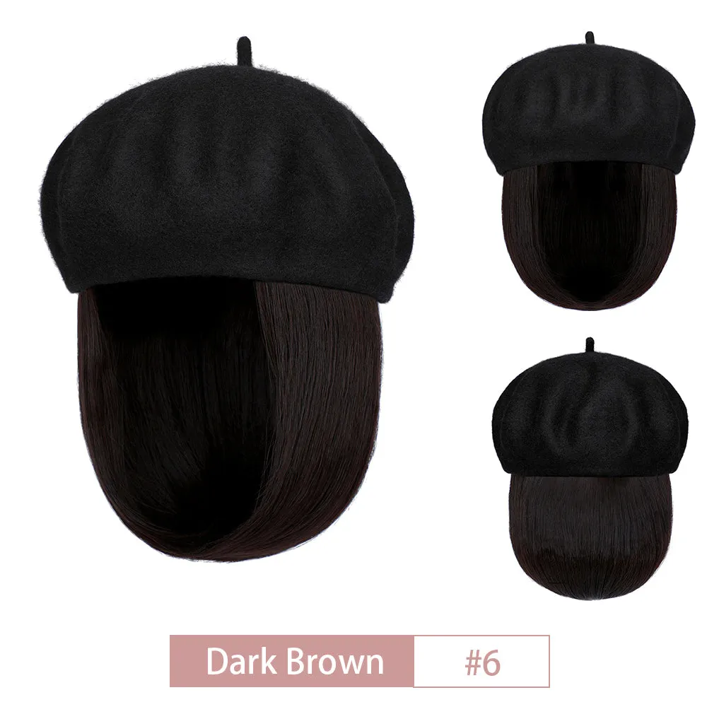 Wigyy Bob Hat Wig 9.5 Inch Straight Short Synthetic Bobo wigs Hat with hair Natural balck French Wool Artist Attached
