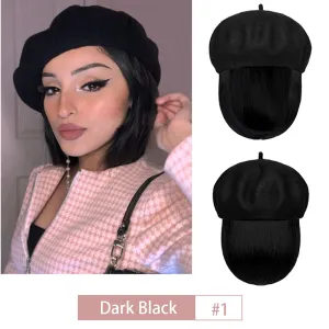 Wigyy Bob Hat Wig 9.5 Inch Straight Short Synthetic Bobo wigs Hat with hair Natural balck French Wool Artist Attached