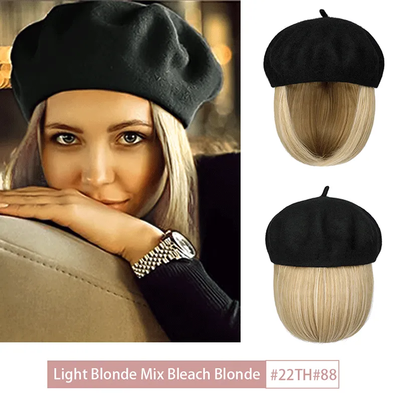 Wigyy Bob Hat Wig 9.5 Inch Straight Short Synthetic Bobo wigs Hat with hair Natural balck French Wool Artist Attached