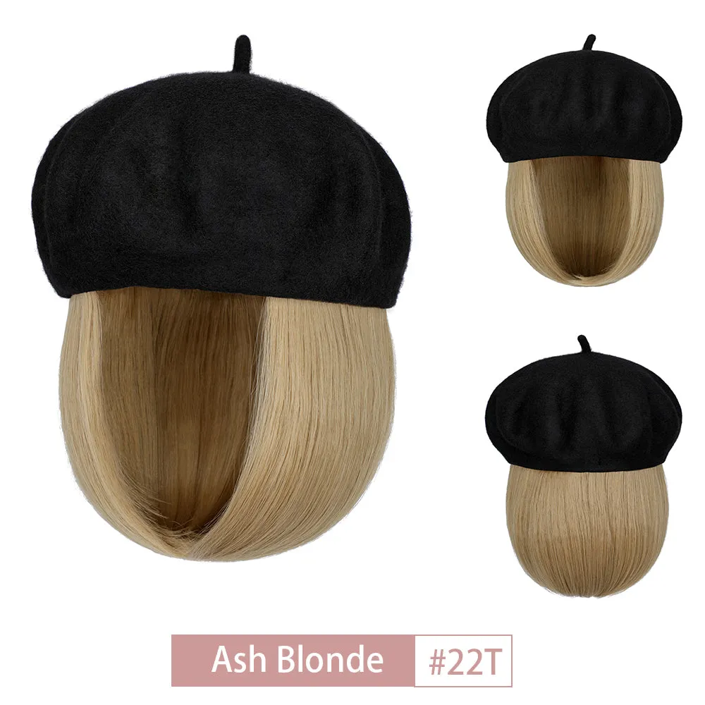 Wigyy Bob Hat Wig 9.5 Inch Straight Short Synthetic Bobo wigs Hat with hair Natural balck French Wool Artist Attached
