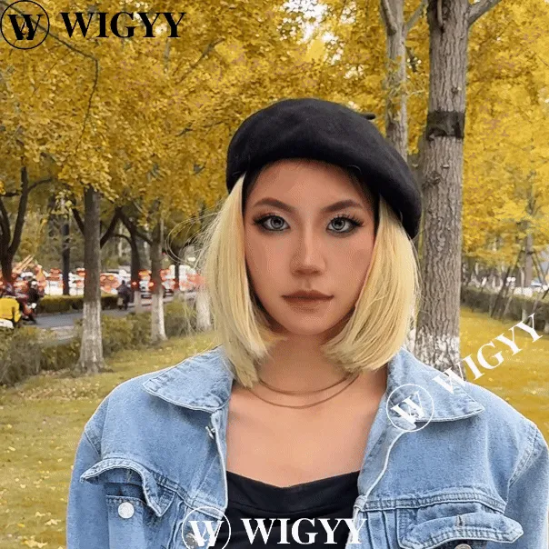 Wigyy Bob Hat Wig 9.5 Inch Straight Short Synthetic Bobo wigs Hat with hair Natural balck French Wool Artist Attached