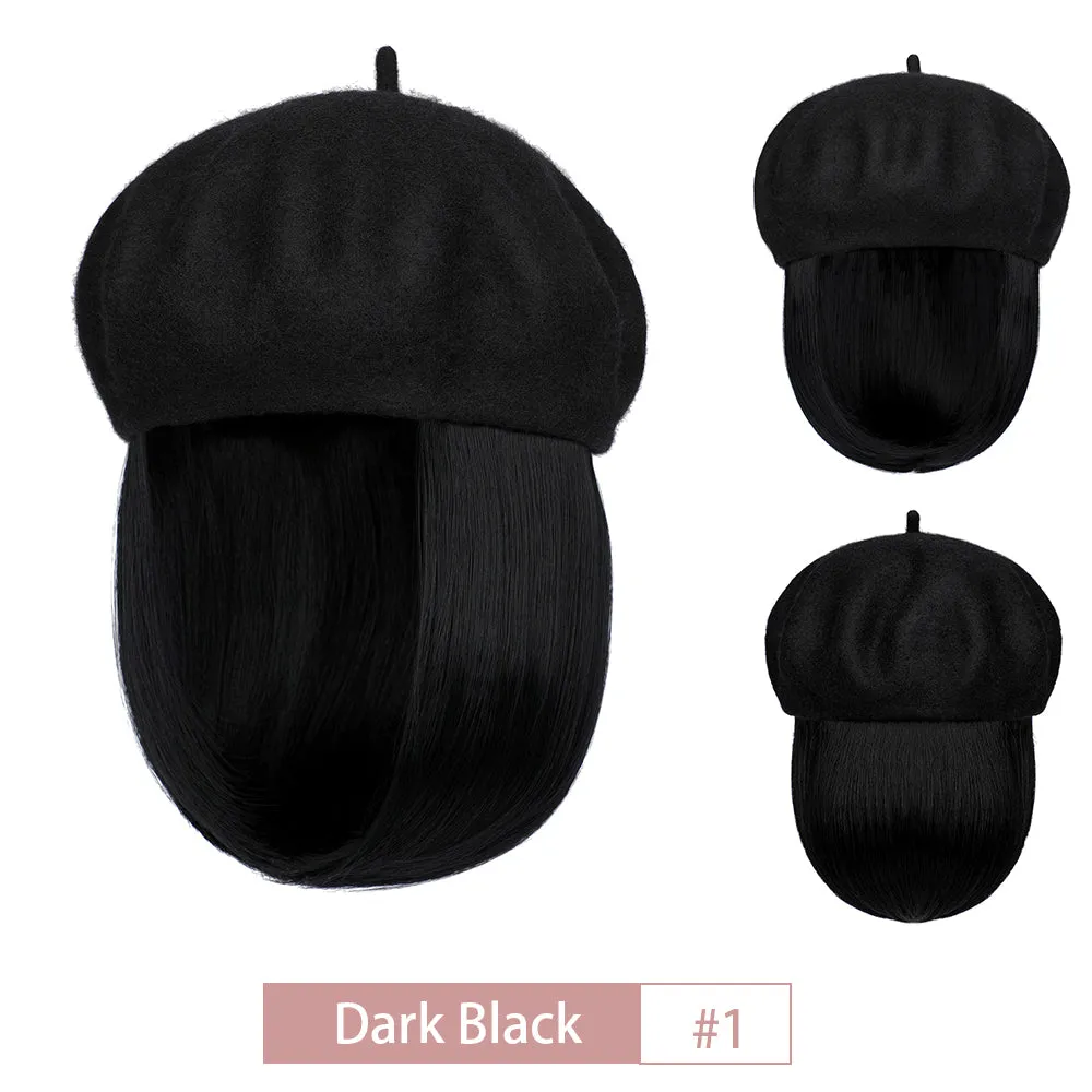 Wigyy Bob Hat Wig 9.5 Inch Straight Short Synthetic Bobo wigs Hat with hair Natural balck French Wool Artist Attached