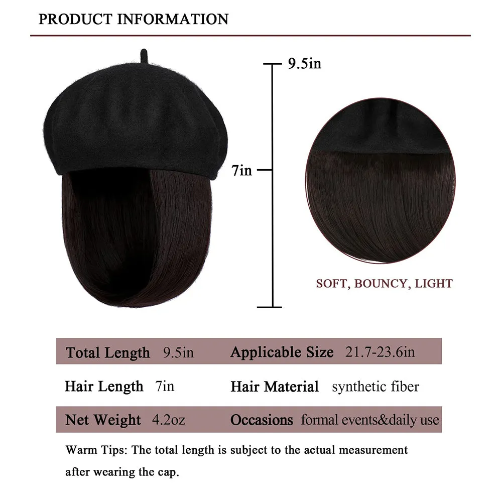 Wigyy Bob Hat Wig 9.5 Inch Straight Short Synthetic Bobo wigs Hat with hair Natural balck French Wool Artist Attached