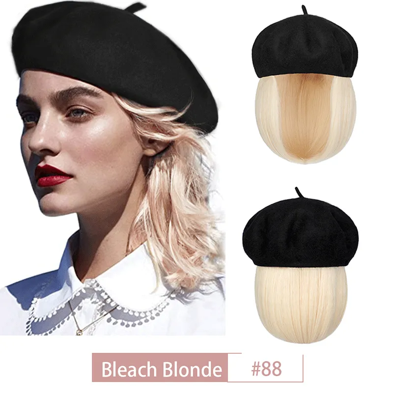 Wigyy Bob Hat Wig 9.5 Inch Straight Short Synthetic Bobo wigs Hat with hair Natural balck French Wool Artist Attached