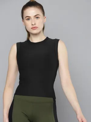Women's Black Solid Slim Fit Quick Dry Crop T-shirt