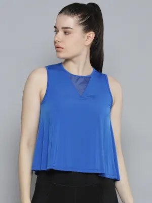 Women's Blue Solid Loose Fit Mesh Inserts A-Line Top Engineered with Quick Dry Technology