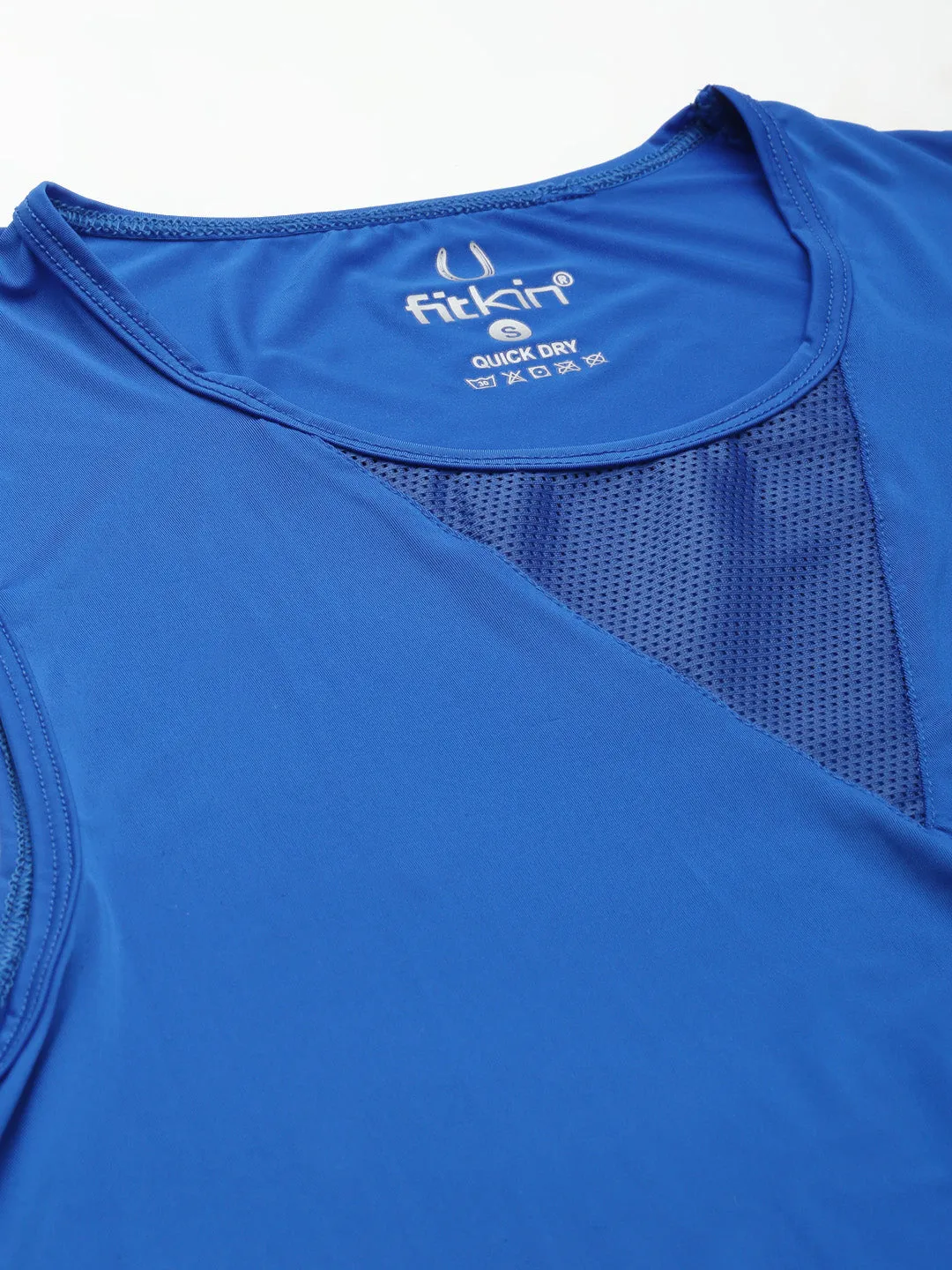 Women's Blue Solid Loose Fit Mesh Inserts A-Line Top Engineered with Quick Dry Technology