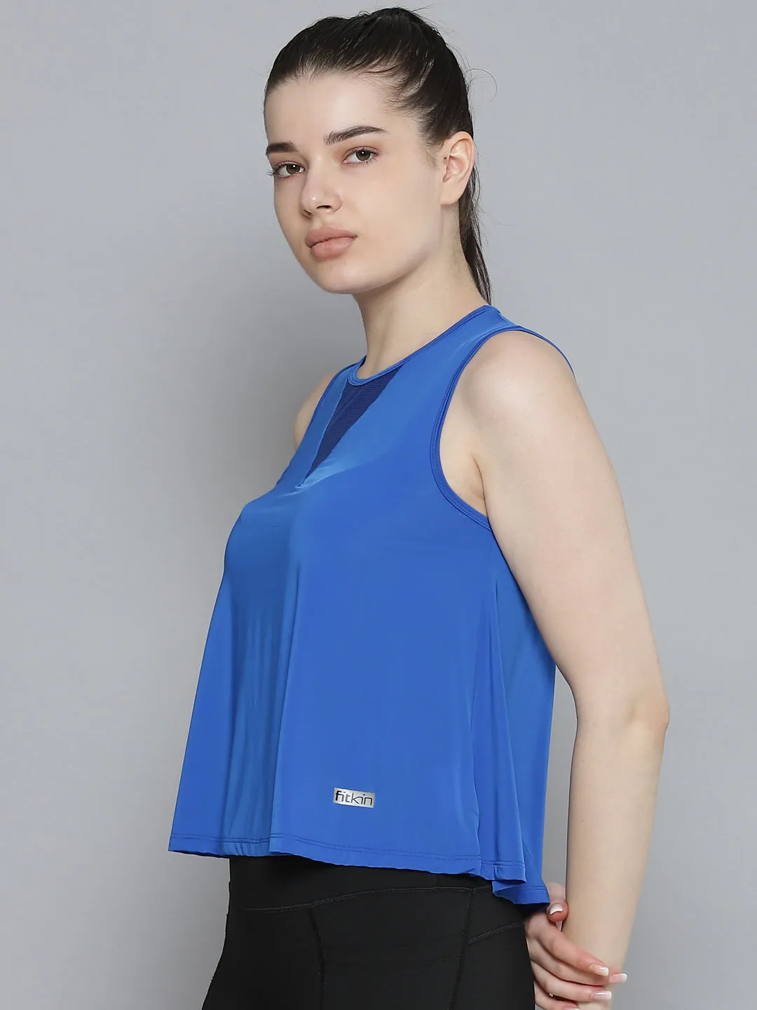 Women's Blue Solid Loose Fit Mesh Inserts A-Line Top Engineered with Quick Dry Technology