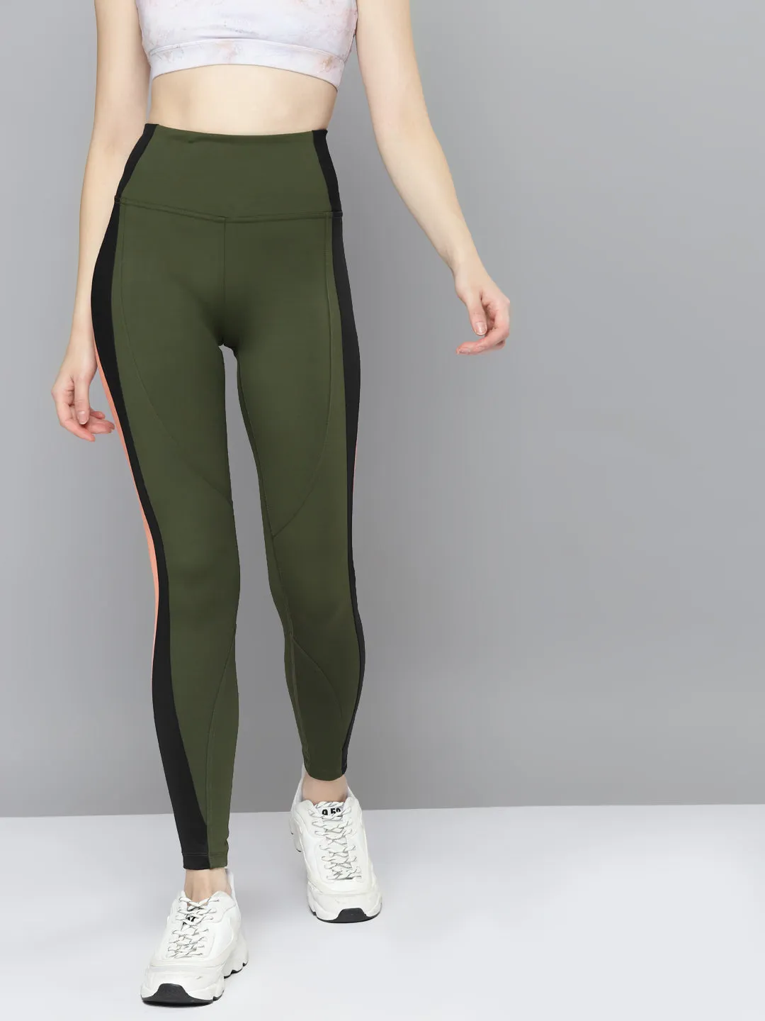 Women's Olive Green & Black Solid Rapid Dry Training Tights with Side Taping Detail