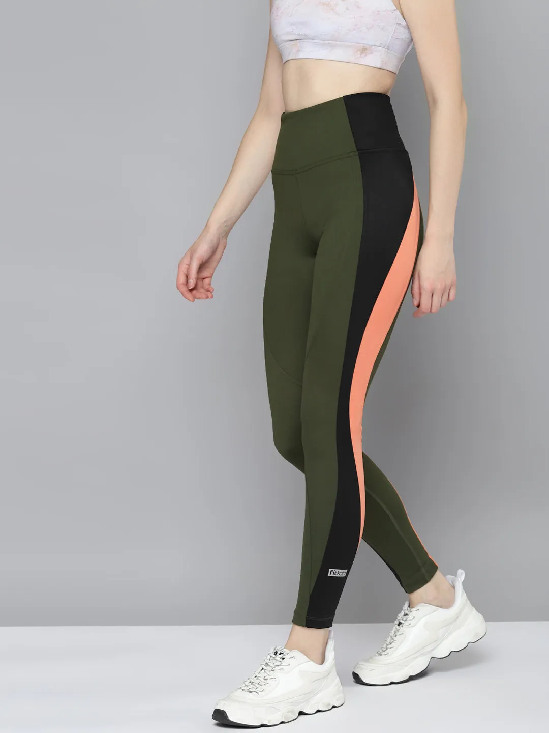 Women's Olive Green & Black Solid Rapid Dry Training Tights with Side Taping Detail