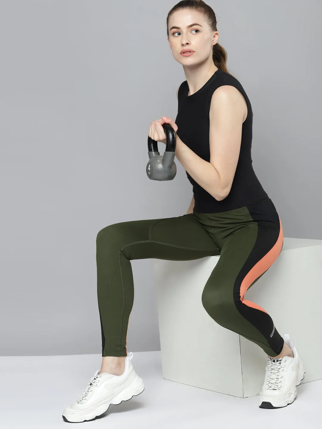 Women's Olive Green & Black Solid Rapid Dry Training Tights with Side Taping Detail