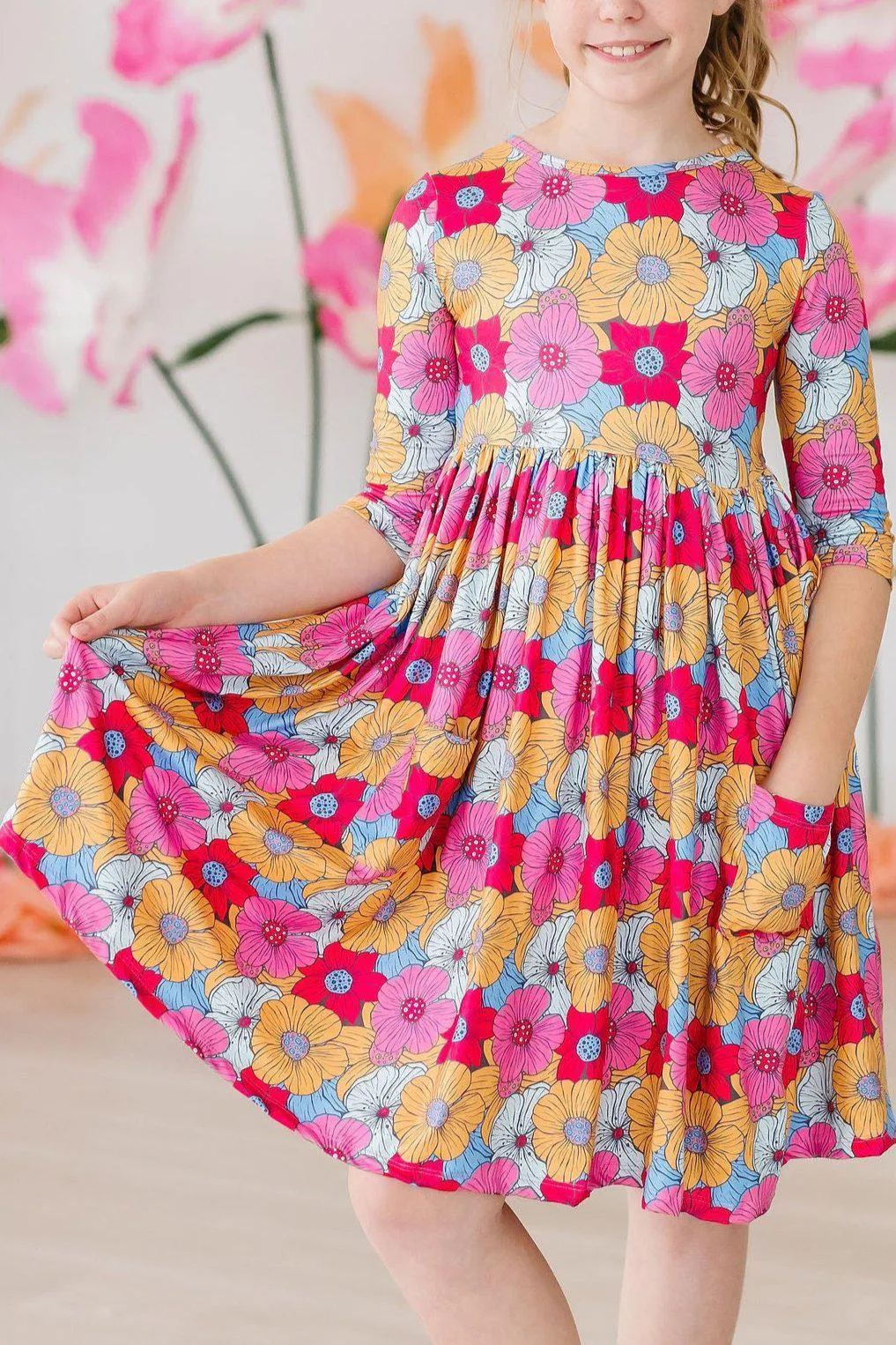 Wonderland Floral 3/4 Sleeve Pocket Twirl Dress